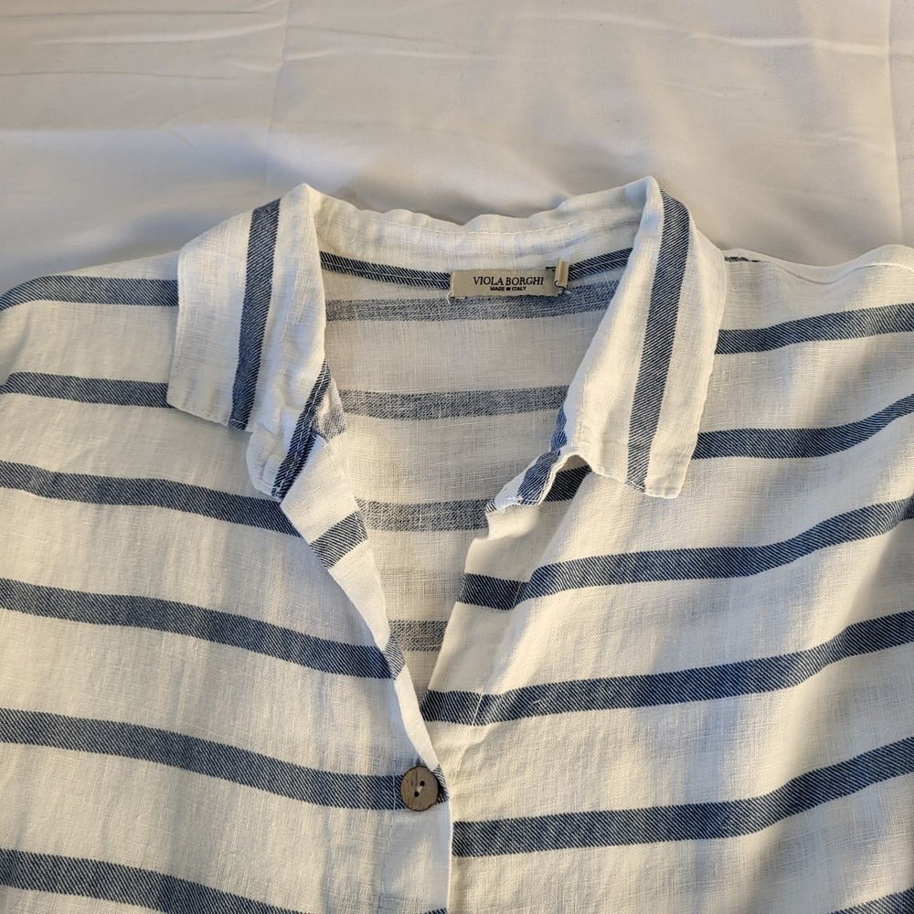Viola Borghi Sz M Linen Tunic Top Swim Coverup White & Blue Stripes Italy